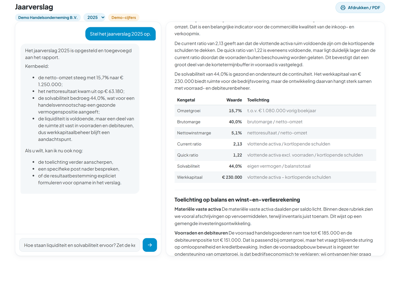 Kengetallentabel met per ratio de formule, naast de uitleg in het gesprek