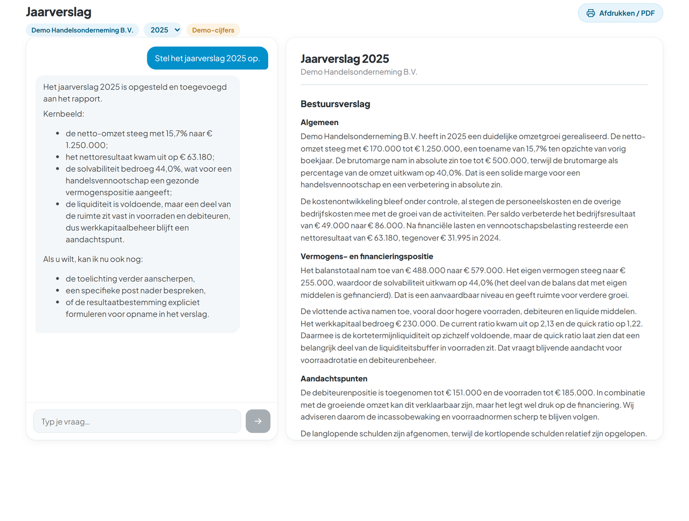 Het opgestelde jaarverslag met bestuursverslag naast de samenvatting in de chat